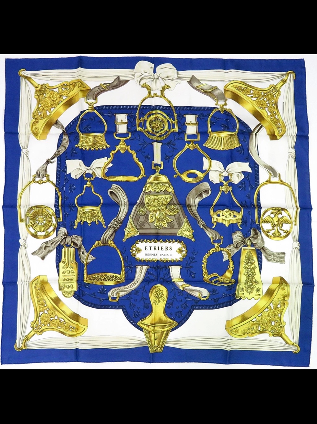 Hermes Blue White And Gold Etriers Silk Scarf